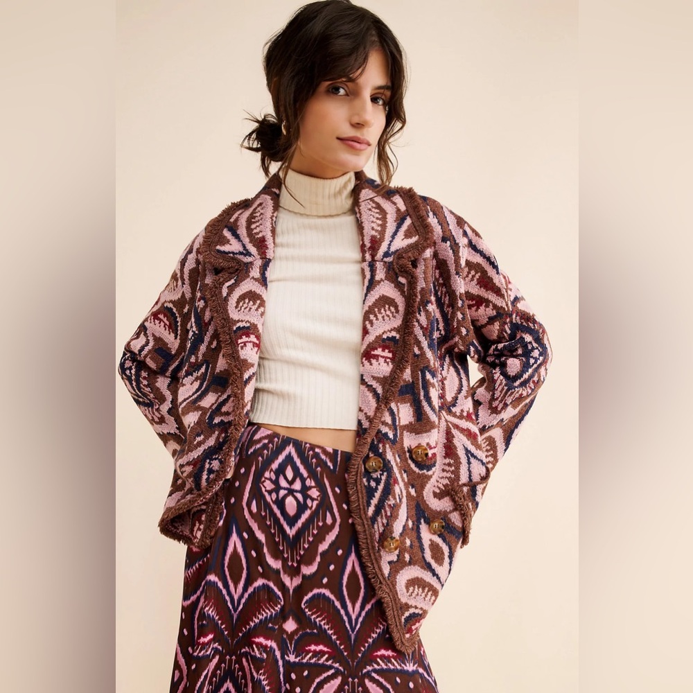 Farm Rio Pineapple Ikat Oversized Cardigan‎ Sweater Belted M